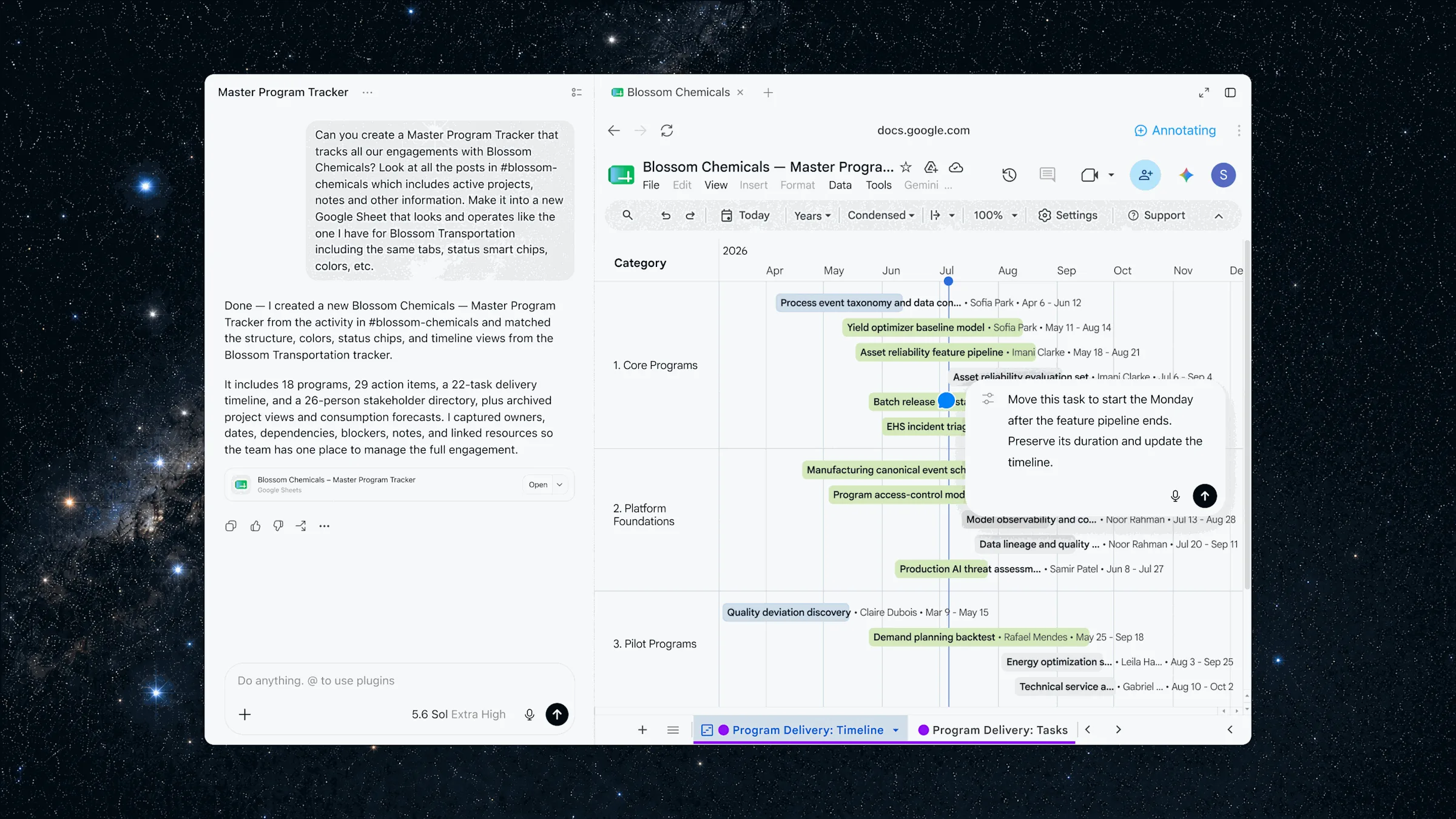 ChatGPT Work desktop app screen. In the chat pane on the left, a request to read a Slack channel and build a Google Sheets tracker, with a completion reply. On the right, the in-app browser shows the schedule sheet created in Google Sheets.