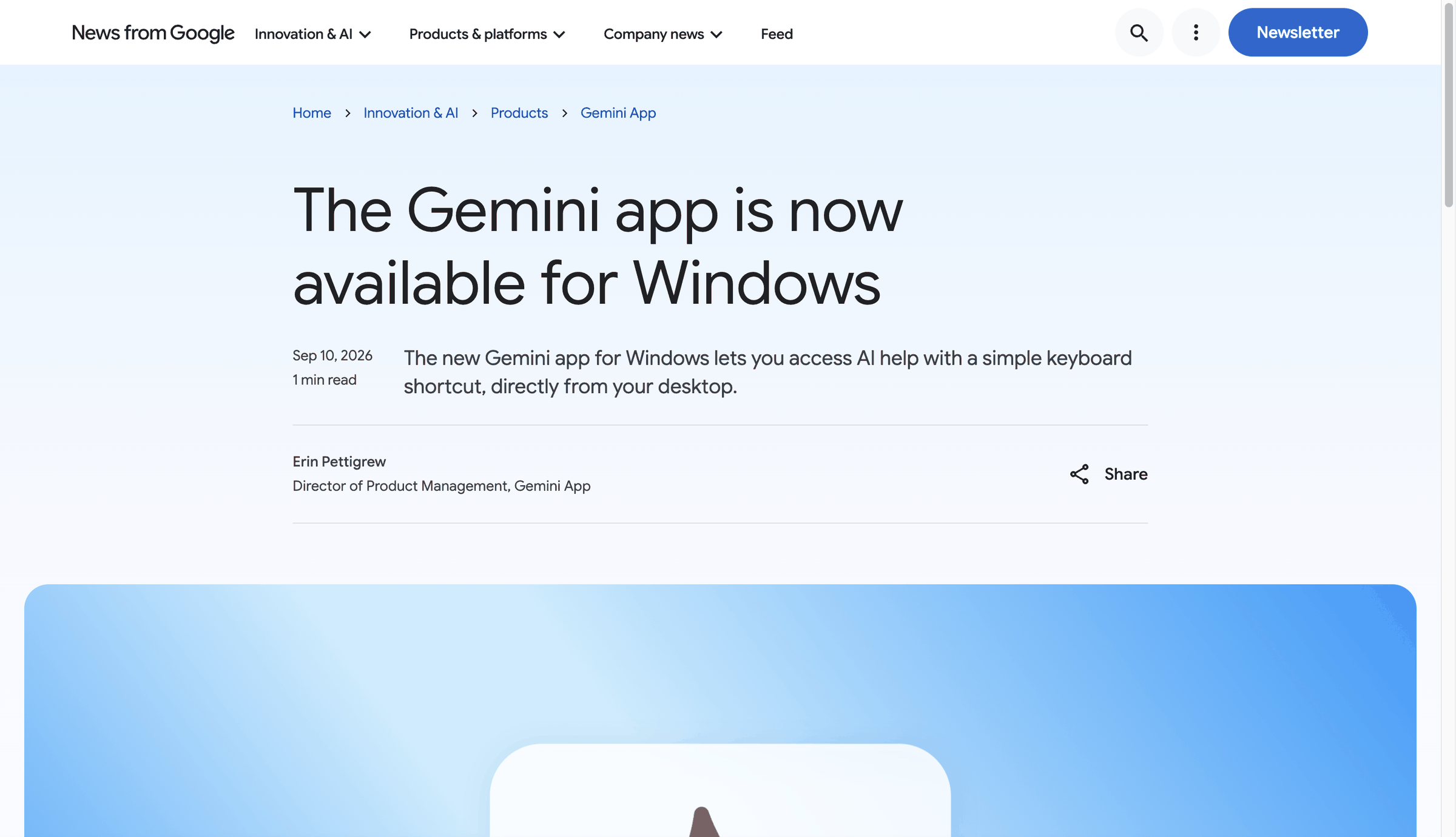 Google's official blog post. The title says the Gemini app also came to Windows, dated September 10, 2026, and describes launching it with a keyboard shortcut.