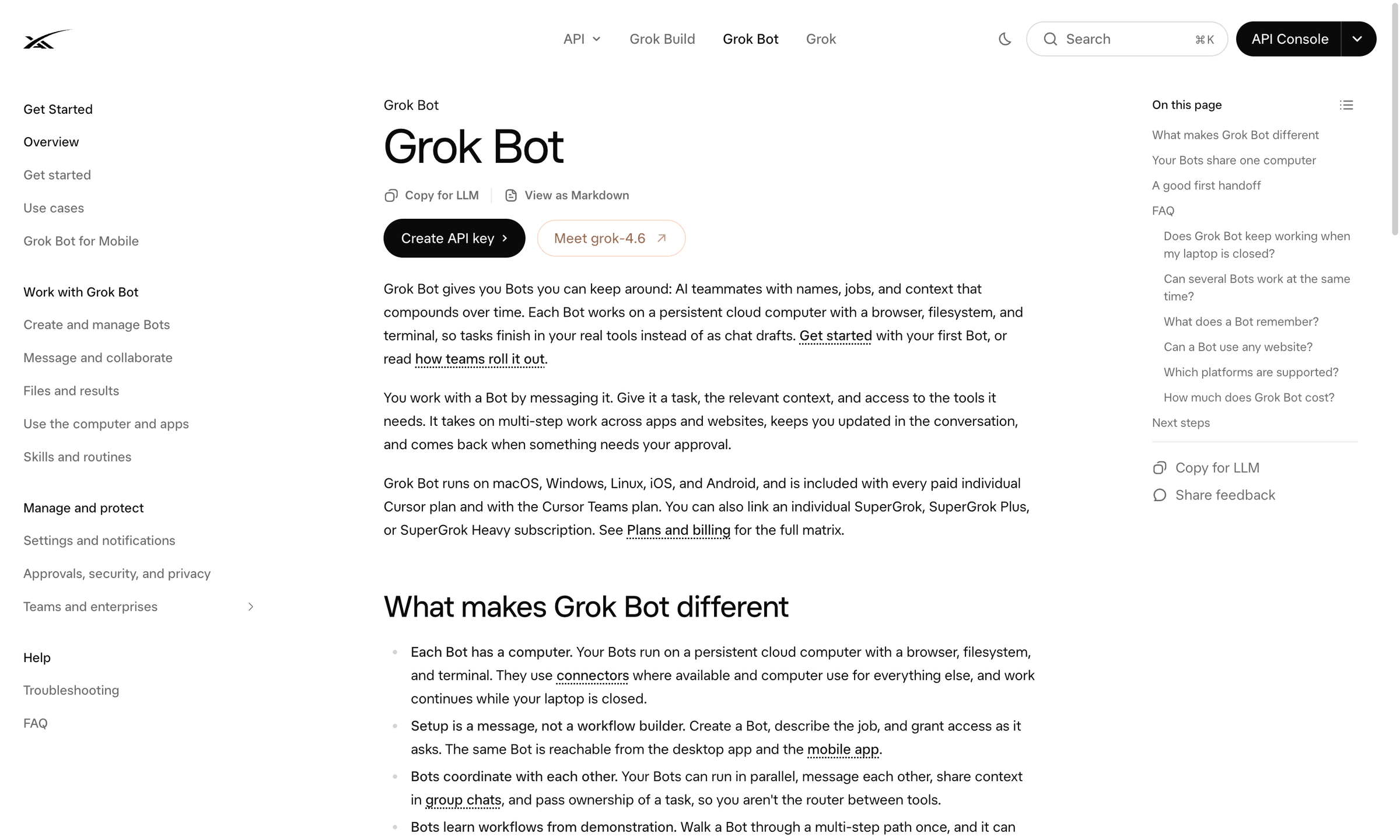 xAI's official Grok Bot overview page in the docs. It describes Grok Bot as an AI teammate with a name and a role, says it works on Mac, Windows, Linux, iPhone, and Android, and on the right has a FAQ asking whether it keeps working with the laptop closed.