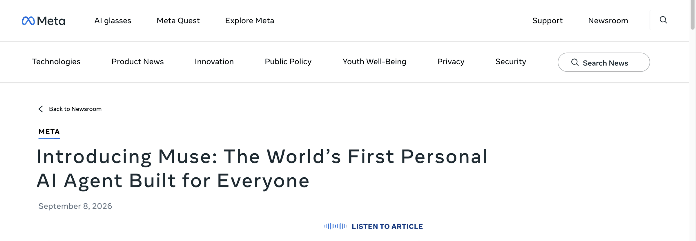 Meta Newsroom's official announcement page. The title introduces Muse, a personal AI agent built for everyone, dated September 8, 2026.