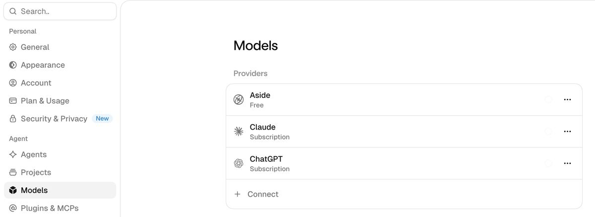 The Models screen in Aside settings. Models is selected in the left menu, and the Providers section shows three rows, Aside Free, Claude Subscription, and ChatGPT Subscription, with a Connect button at the bottom.