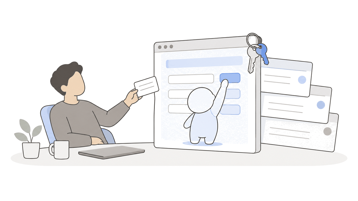 A person sitting at a desk holds a note out toward a browser window, while inside the window a small helper presses a button. A bunch of keys already hangs at the corner of the window, and behind it three screens are stacked, waiting their turn