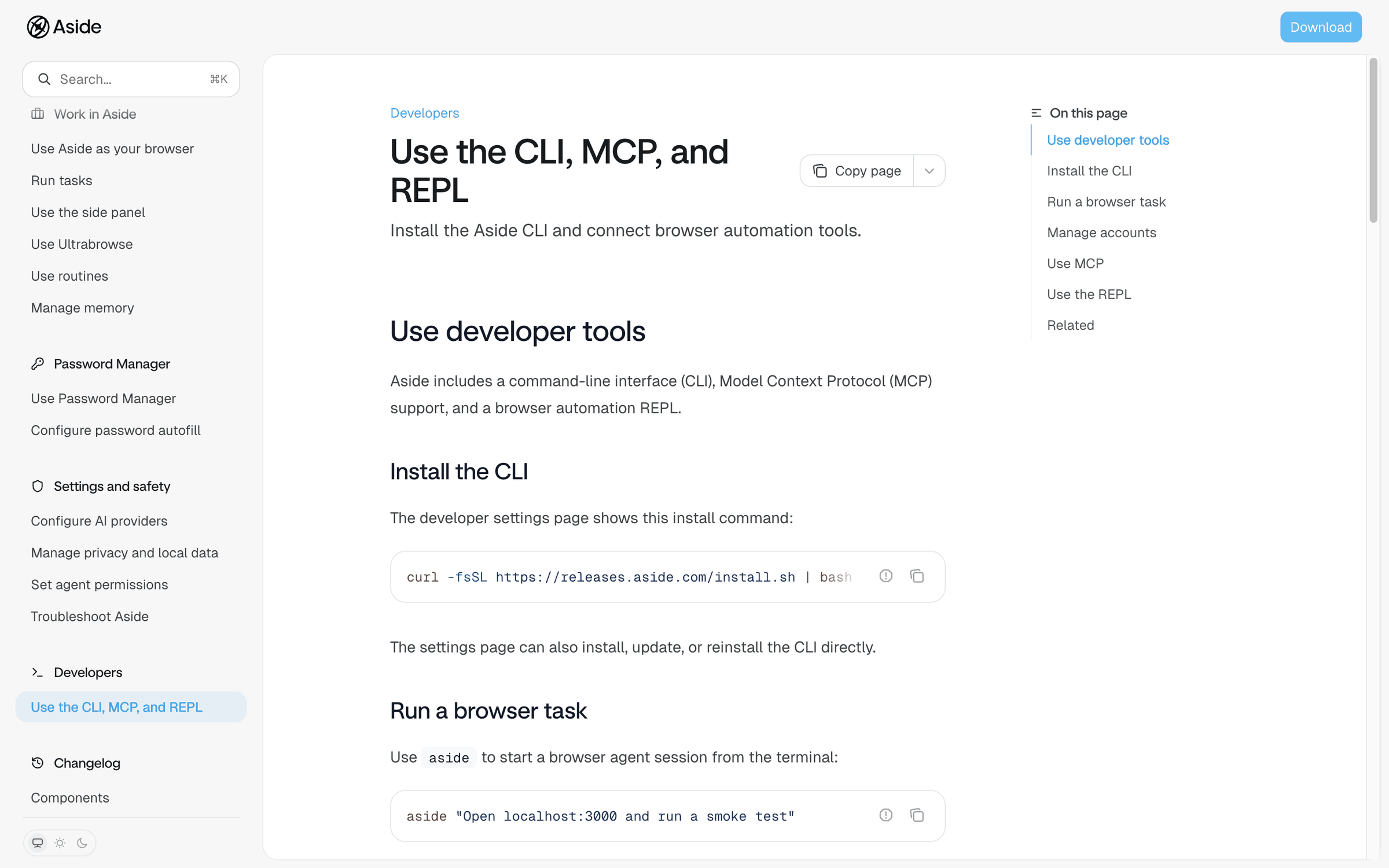 Aside help page titled Use the CLI, MCP, and REPL. Under the subtitle Install the Aside CLI and connect browser automation tools, the text reads Aside includes a command-line interface (CLI), Model Context Protocol (MCP) support, and a browser automation REPL, with an install command and an example that starts browser work with the single word aside