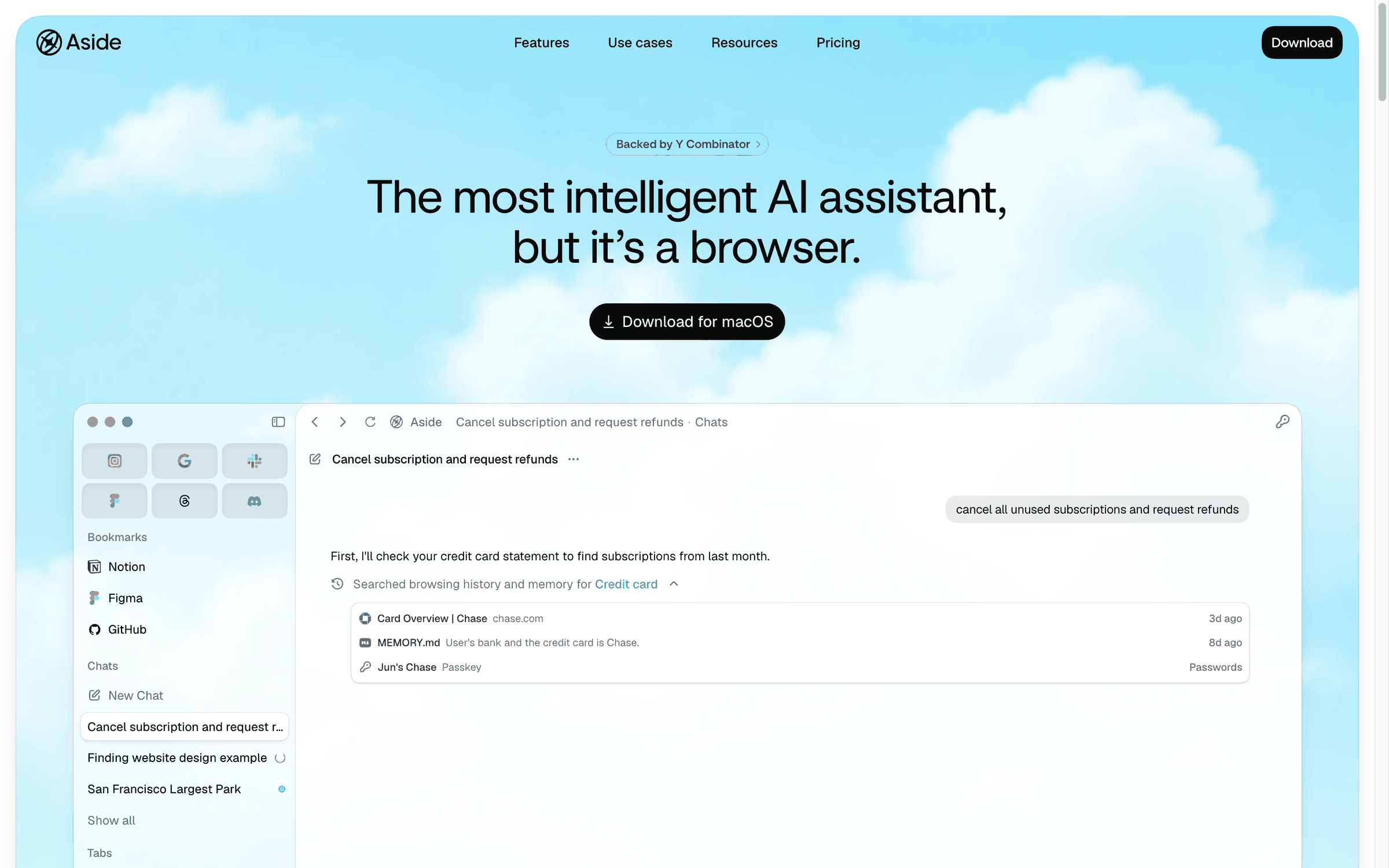 Aside homepage. Under a Backed by Y Combinator badge are the headline The most intelligent AI assistant, but it's a browser and a Download for macOS button; below, a live app view shows a chat in progress about canceling a subscription and requesting a refund