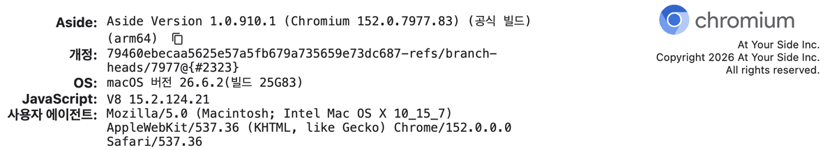 Aside's internal version information page. It reads Aside Version 1.0.910.1 (Chromium 152.0.7977.83) official build arm64, JavaScript V8 15.2.124.21, and the user agent string includes Chrome/152.0.0.0; the chromium logo and At Your Side Inc. copyright notice appear at the top right
