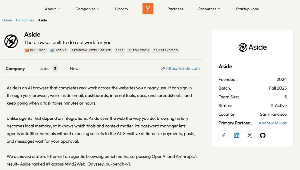Y Combinator's company page for Aside. The one-line pitch reads The browser built to do real work for you, with a Fall 2025 badge; a card on the right lists Founded 2024, Batch Fall 2025, Team Size 5, Location San Francisco