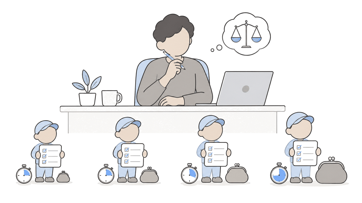 Illustration of a person seated at a desk with four small helpers standing before them, each holding the same checklist. Beside each helper is a stopwatch and a coin purse of a different size