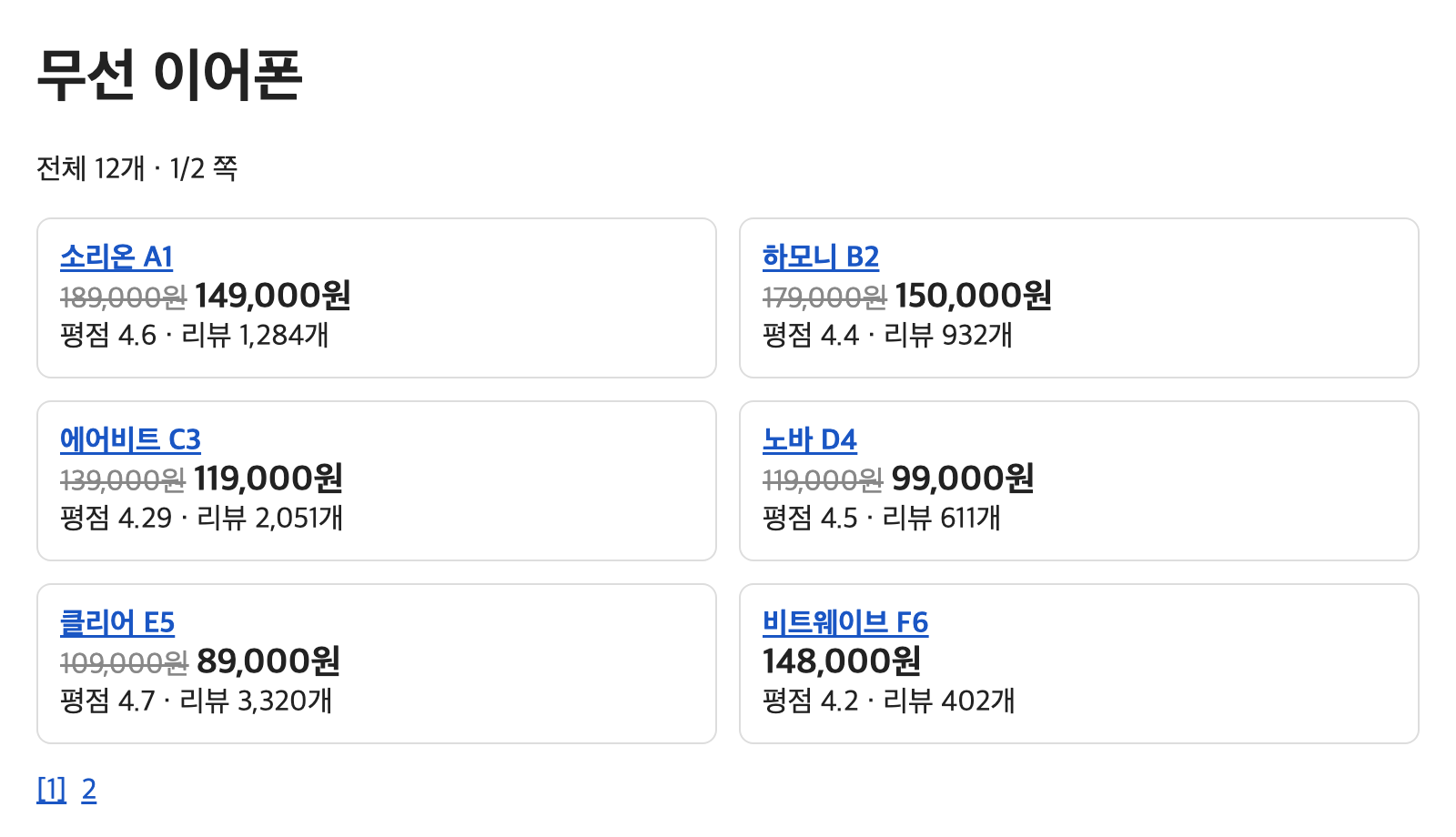 Page 1 of a mock shop's wireless earbuds list. Sorion A1 at KRW 149,000, rating 4.6. Harmony B2 at KRW 150,000, rating 4.4. Airbeat C3 at KRW 119,000, rating 4.29. Nova D4 at KRW 99,000, rating 4.5. Clear E5 at KRW 89,000, rating 4.7. Bitwave F6 at KRW 148,000, rating 4.2. The items are laid out in two rows