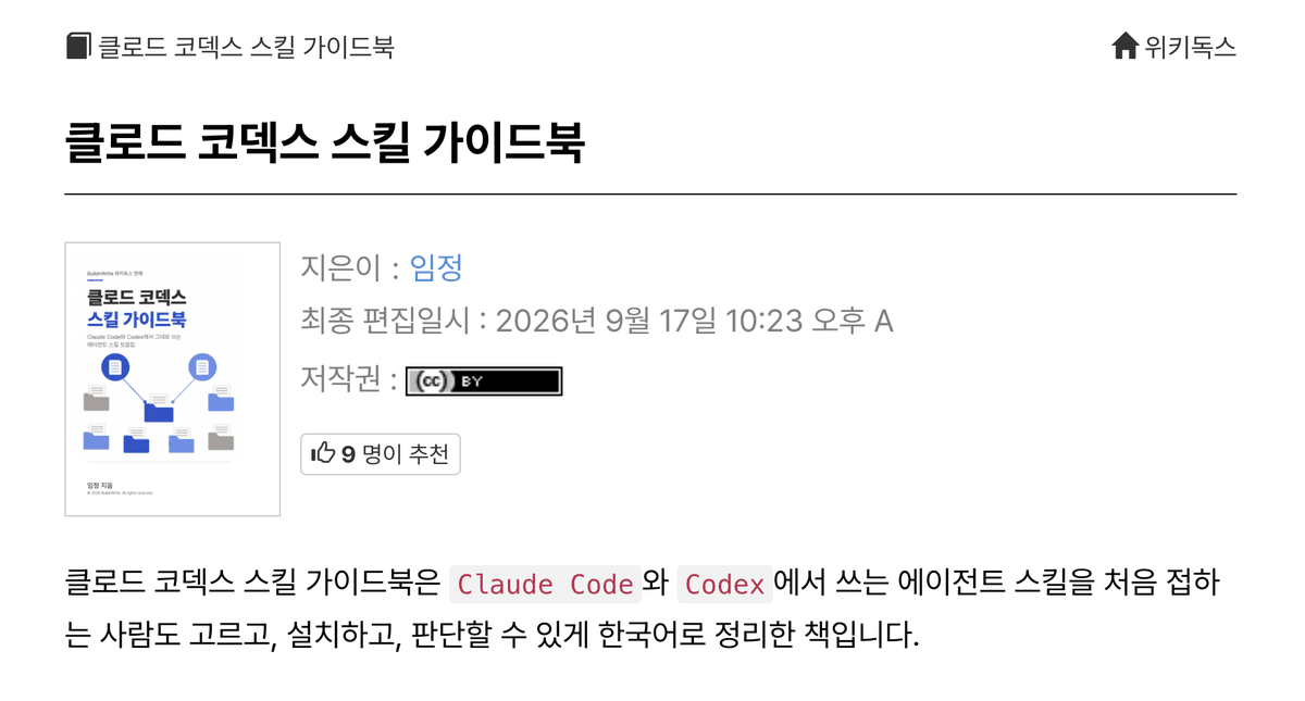 First page of the Claude Codex Skills Guidebook published on Wikidocs, showing the book cover, author Im Jeong, a CC BY copyright notice, and the book introduction sentence