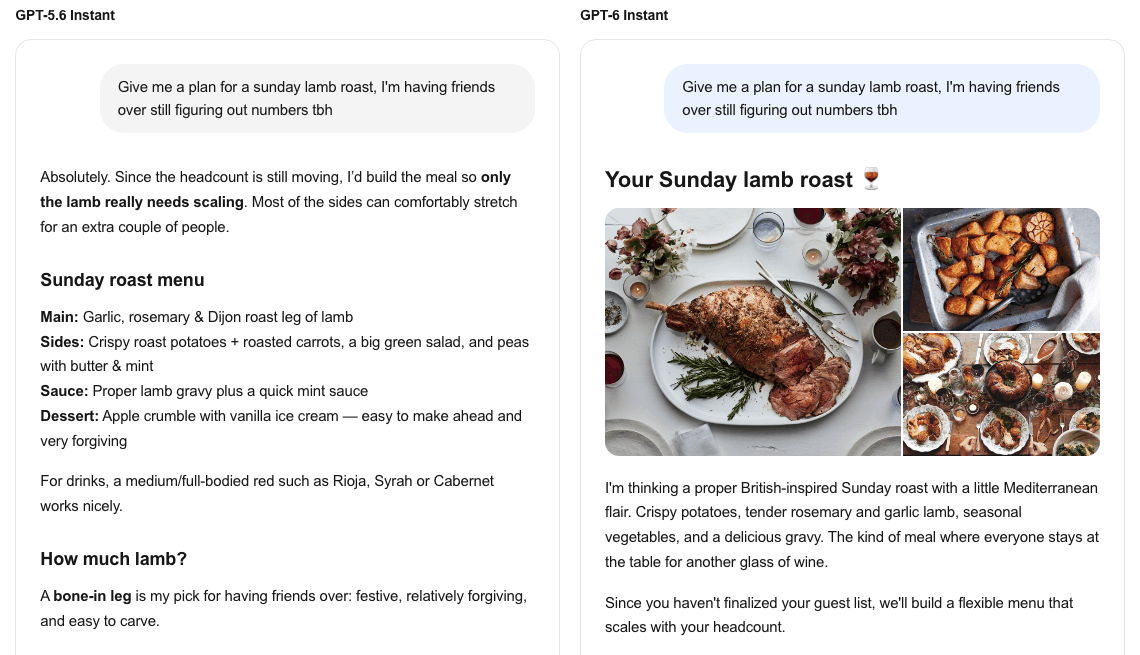 Comparison screen from the OpenAI announcement. For the same request, planning a Sunday lamb barbecue with friends when the headcount is still unknown, the left GPT-5.6 Instant continues with a text menu list and subheadings asking how much lamb to buy, while the right GPT-6 Instant shows an answer that starts with a title, three photos of dishes, and an introductory paragraph.