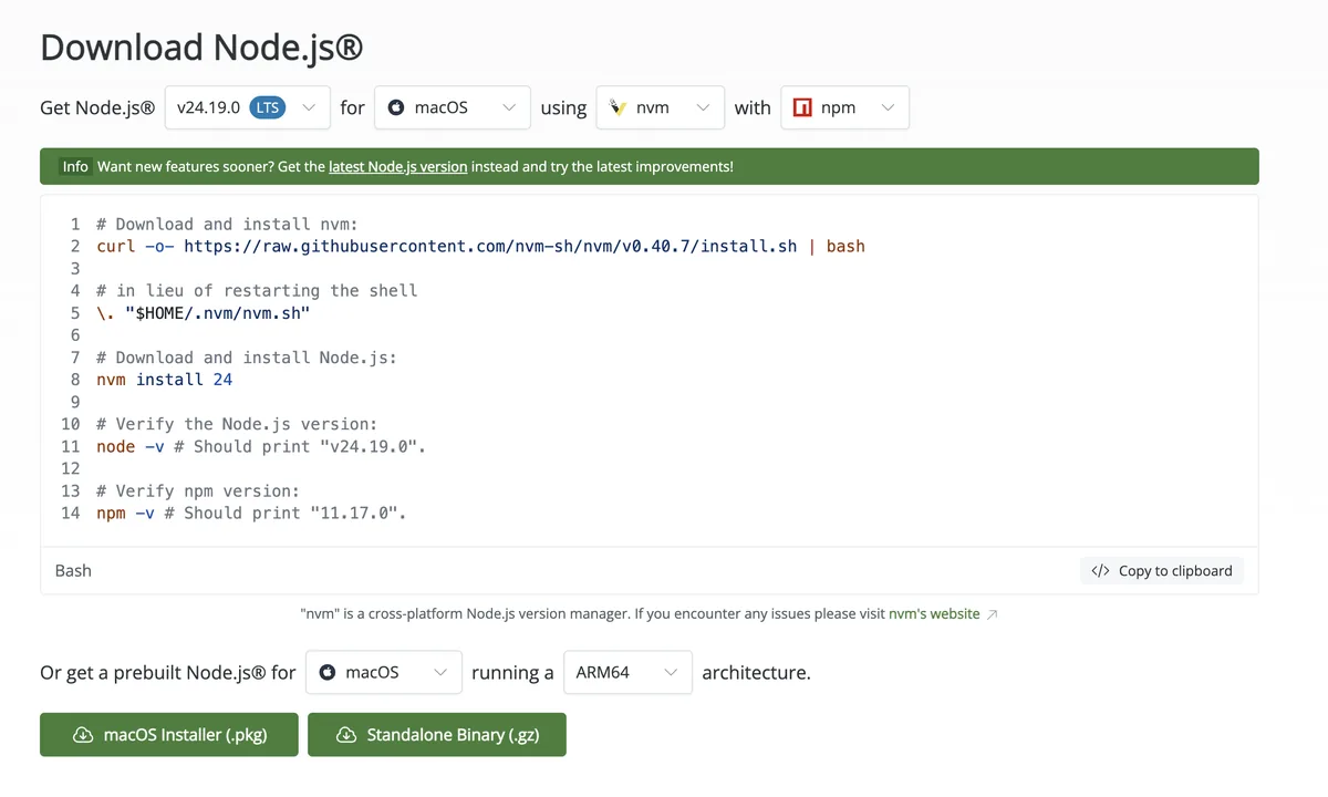 Node.js download page with macOS, nvm, and npm selected. A Bash code block shows the nvm install command, plus nvm install 24 and node -v confirming v24.19.0. Below that are the prebuilt Node.js instructions for macOS, with green buttons for macOS Installer (.pkg) and Standalone Binary (.gz)