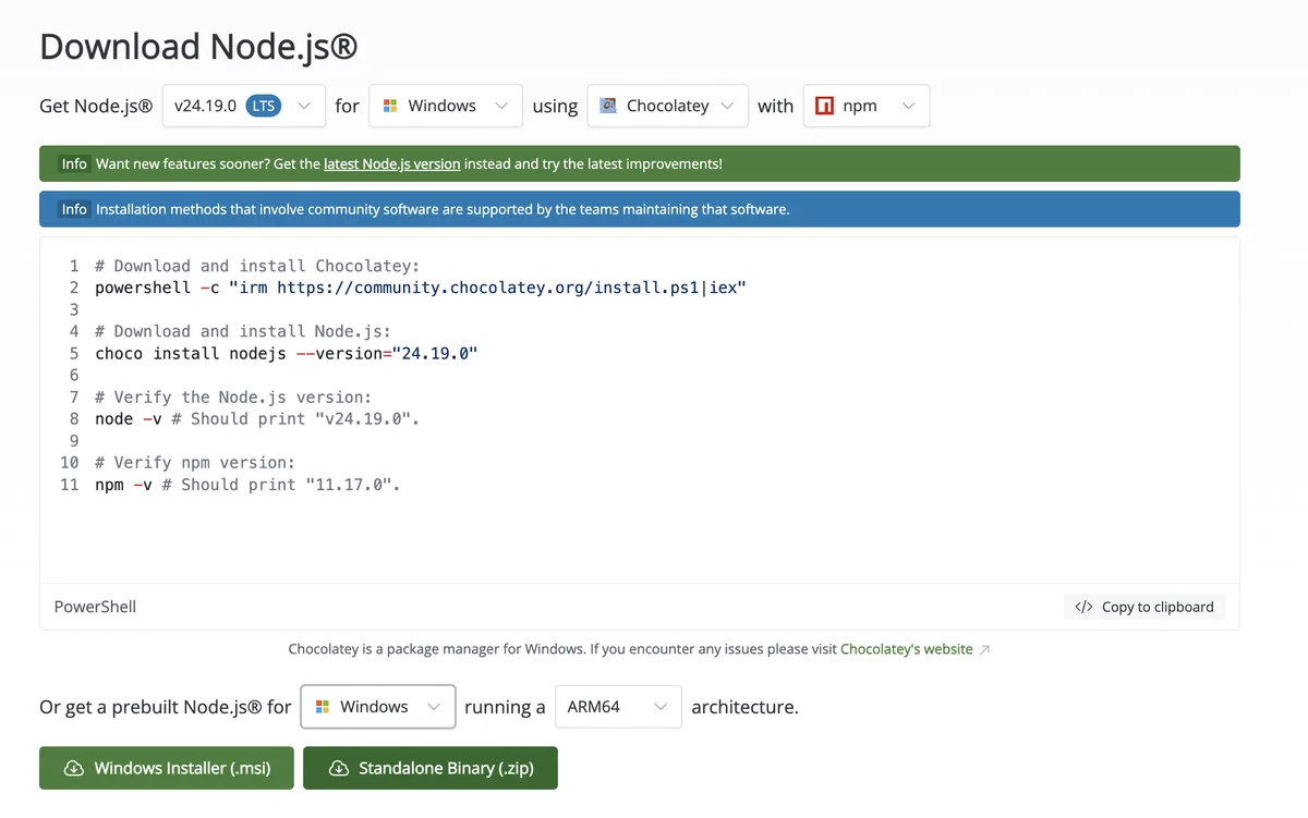 Same Node.js download page with the top selector switched to Windows, Chocolatey, and npm. A PowerShell code block shows the Chocolatey install command and choco install nodejs. Below that are the prebuilt Node.js instructions for Windows, with green buttons for Windows Installer (.msi) and Standalone Binary (.zip), and the architecture selector set to ARM64