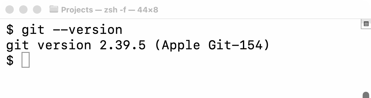 Mac Terminal after running git --version, showing the version number git version 2.39.5 (Apple Git-154)