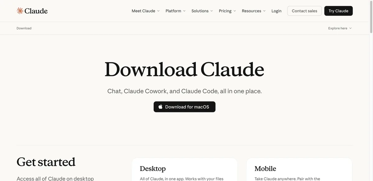 claude.com/download page. Under the title Download Claude and the subtitle Chat, Claude Cowork, and Claude Code, all in one place, there is a Download for macOS button. Below it, in the Get started section, there are Desktop and Mobile cards.