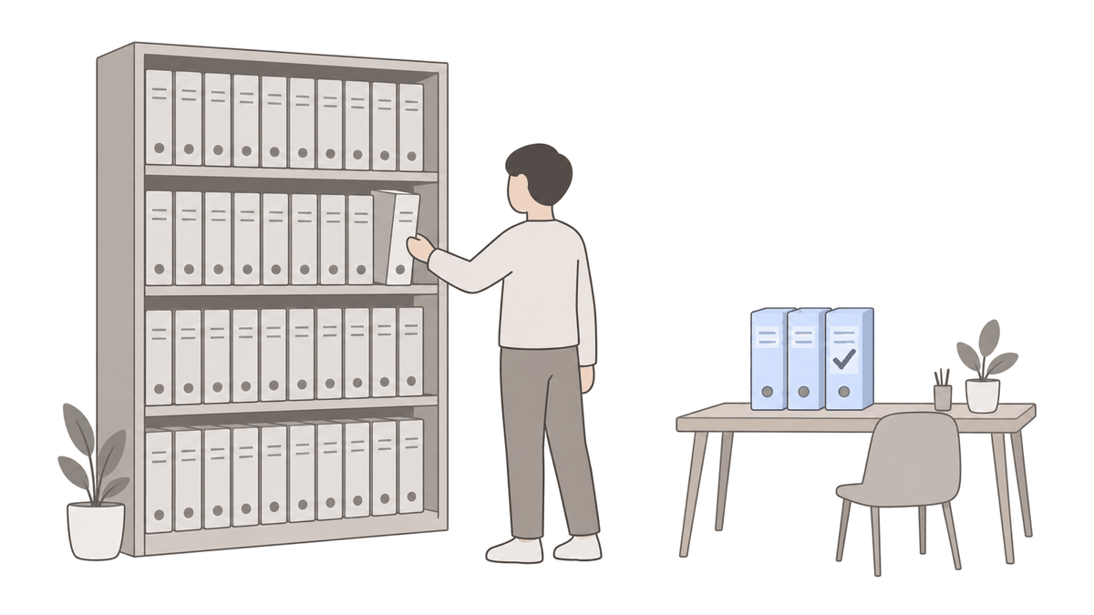 A bookshelf packed with manual binders, with one person pulling one out, and a desk beside it with only three binders on it, one of them marked with a check