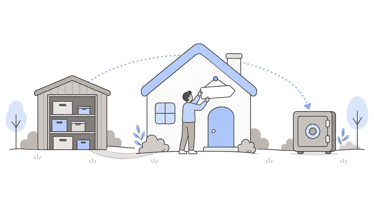 A person hangs a blank arrow-shaped sign in front of a house-shaped app in the middle. On the left is a warehouse with boxes stacked on shelves. On the right, a bit farther away, is a safe, and a dotted arrow runs from the warehouse to the safe.