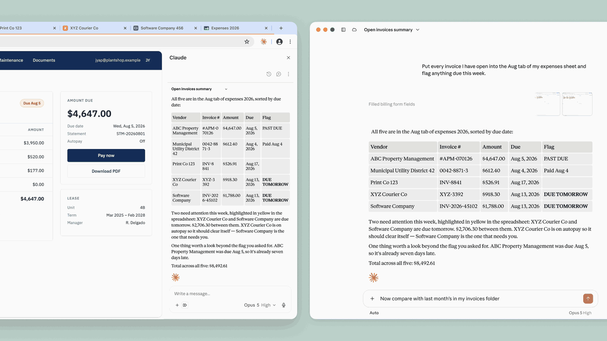 Claude open in the right side panel of Chrome, reading an open invoice page and carrying out a task of copying entries into the August tab of an expense spreadsheet.