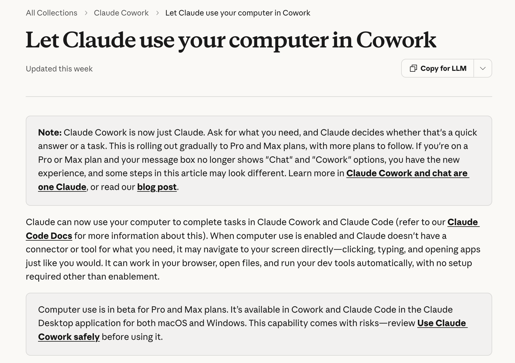 Claude's official help page 'Let Claude use your computer.' It says computer use is in beta for Pro and Max plans and works in the Claude desktop app on Mac and Windows.