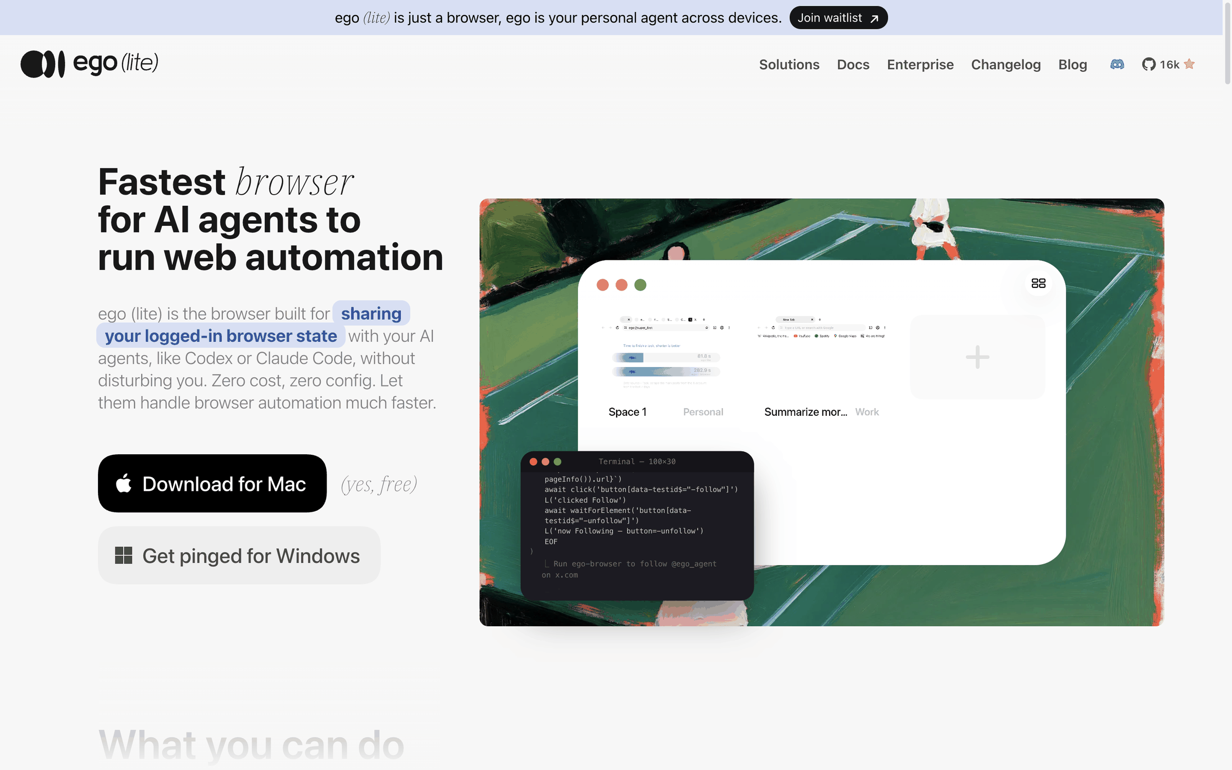 ego (lite) official homepage. The title says it's the fastest browser for AI agents, with a free download button for Mac and a launch-alert button for Windows.