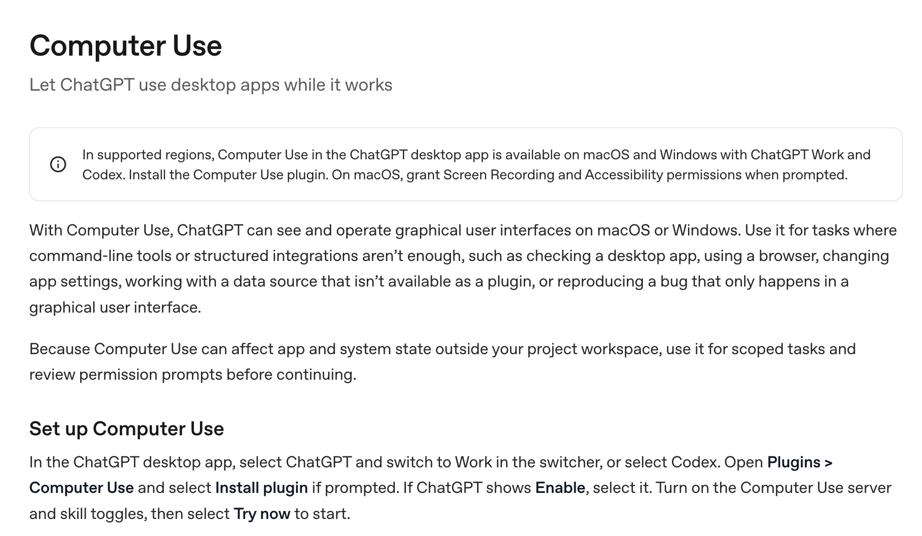 OpenAI's official Computer Use documentation page. It explains operating Mac and Windows desktop apps from the ChatGPT desktop app, with instructions for installing plugins.