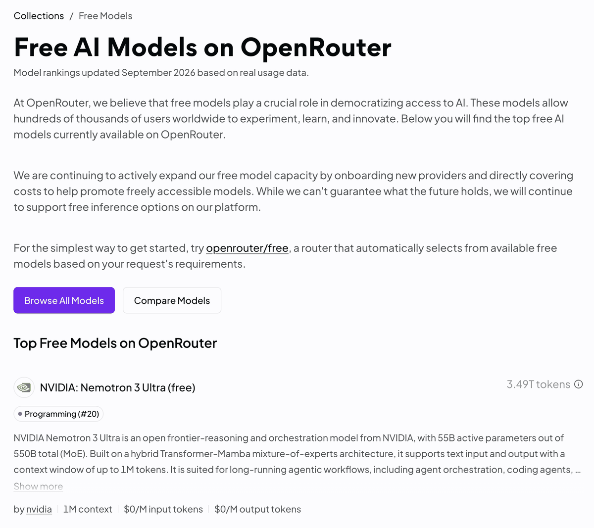 The Free AI Models on OpenRouter page. It explains that free models widen access to AI, and says the openrouter/free router is the easiest way to start. The first free model listed is NVIDIA Nemotron 3 Ultra (free), shown at $0 per 1 million tokens for both input and output