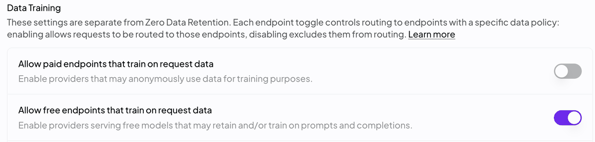 The Data Training section of the OpenRouter Privacy settings. The switch for allowing paid endpoints that train on request data is off, and the switch for allowing free model providers that may store prompts and responses or use them for training is on