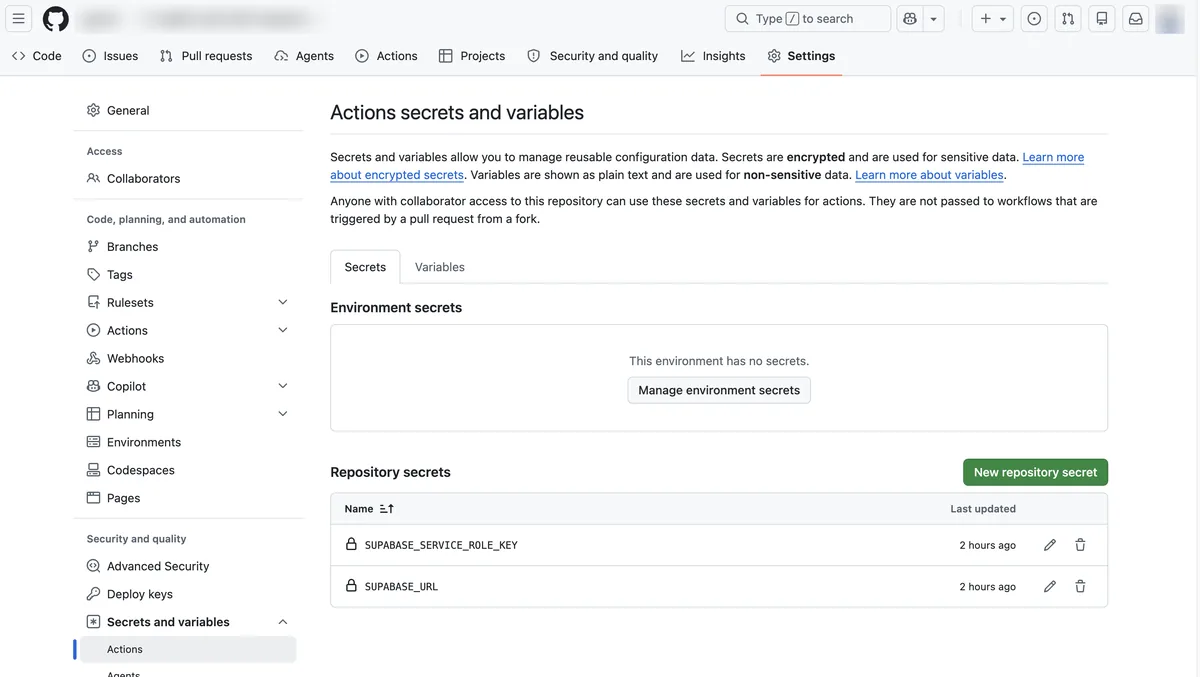 Secrets and variables, Actions tab in the GitHub repository Settings screen. The Repository secrets table lists two registered secrets with only their names visible and values hidden, and a green New repository secret button sits at the top right