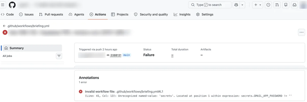 Failed GitHub Actions run screen. Status is Failure, Total duration is blank, and the Annotations area shows 1 error with the original Invalid workflow file message