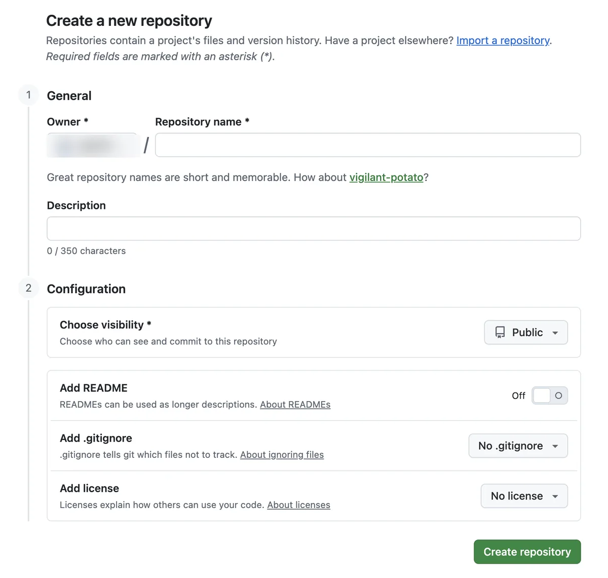 GitHub Create a new repository screen. It has Owner and Repository name fields; under Configuration, Choose visibility is set to Public, the Add README toggle is off, and a green Create repository button is visible