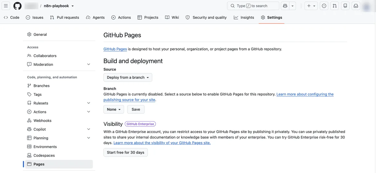 GitHub repository Settings Pages screen. A notice says GitHub Pages is currently disabled; Source is set to Deploy from a branch and Branch is set to None; a Save button is visible
