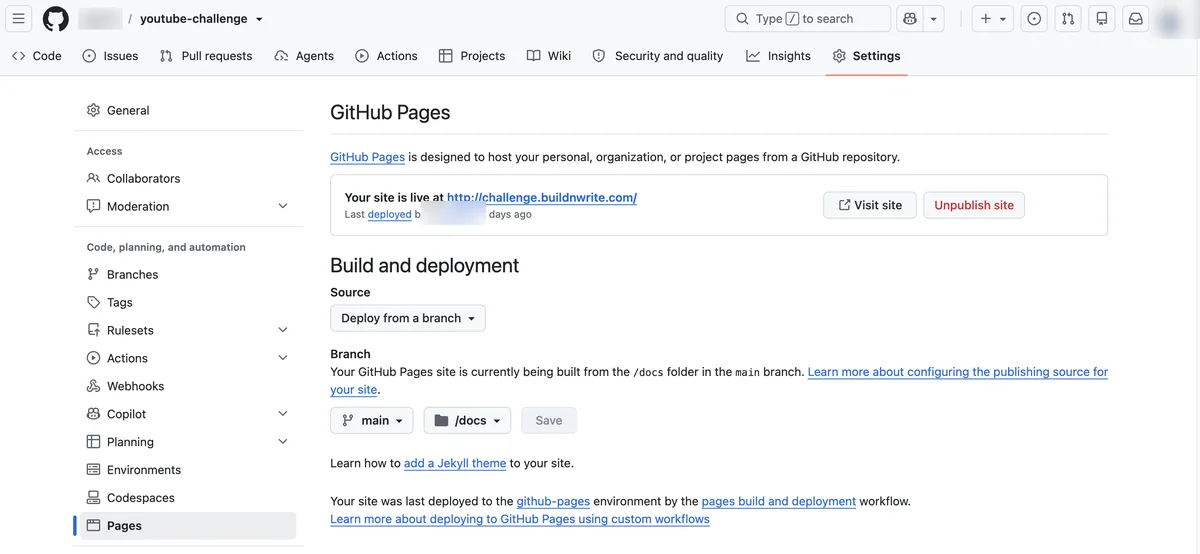 Settings screen after Pages is turned on. The 'Your site is live at' line shows the address, with Visit site and Unpublish site buttons; Branch is main and the folder is set to docs