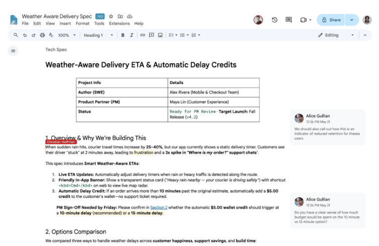 Screenshot from Google's announcement. An MD badge appears next to the Google Docs title, a table and a numbered list display with their formatting, and two comments from a colleague sit on the right