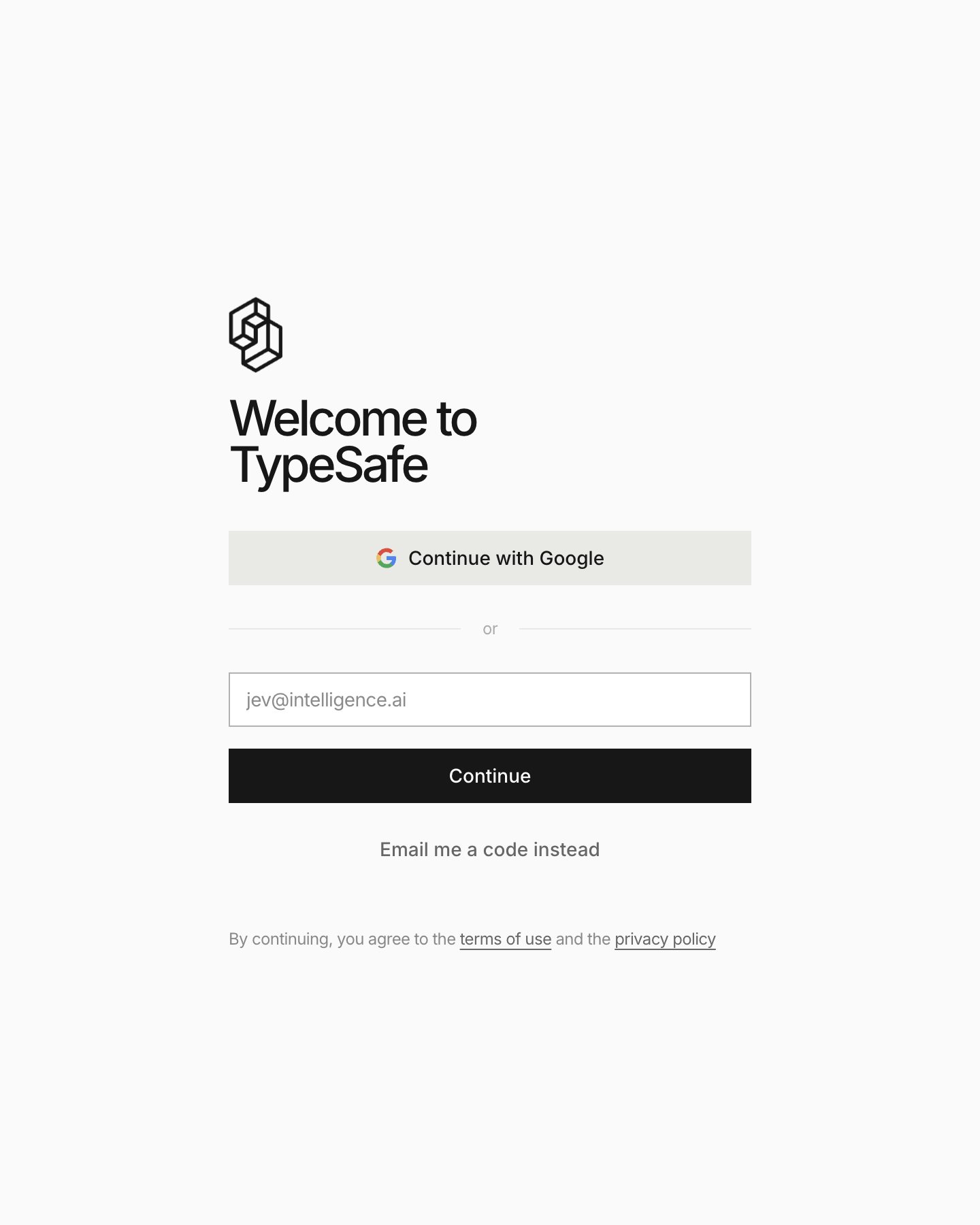 TypeSafe console login screen. Under the heading 'Welcome to TypeSafe' are a Continue with Google button and an email field.