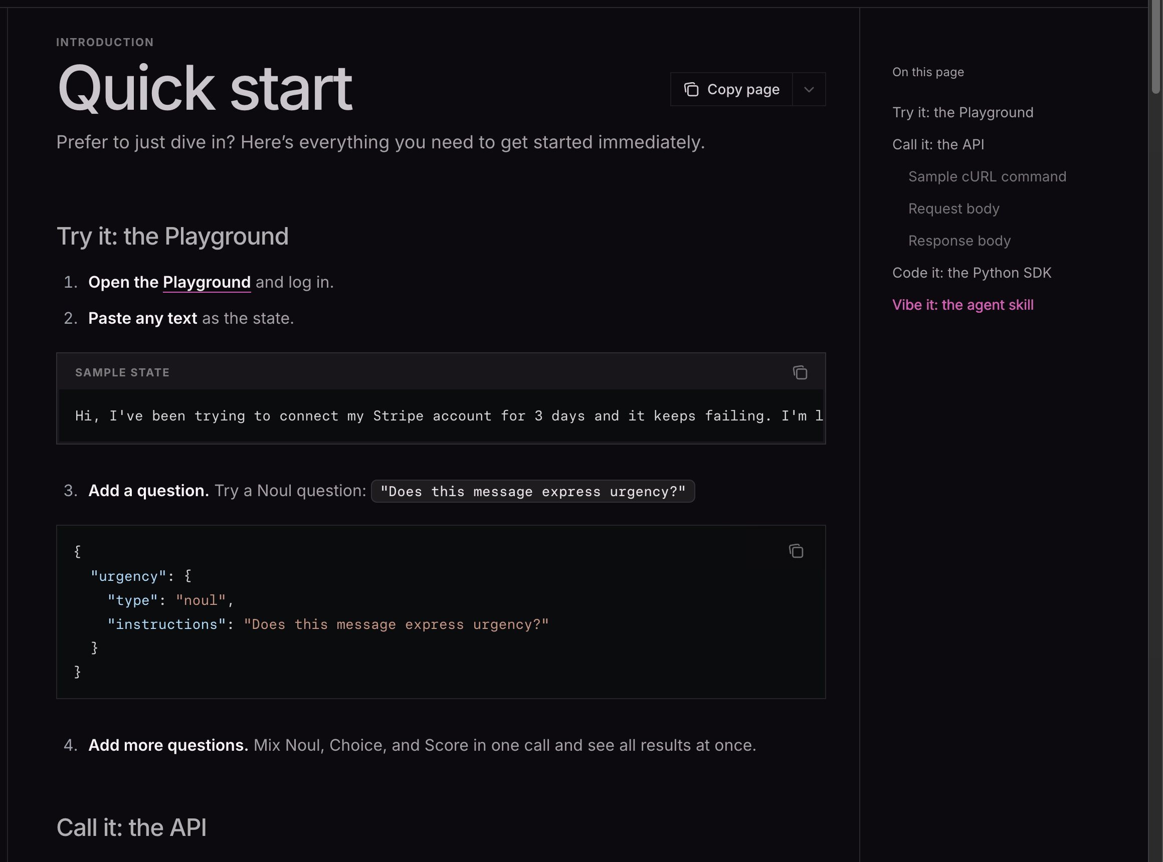 TypeSafe docs Quick start page. It shows a JSON example of pasting state into the Playground and adding a noul question named urgency.