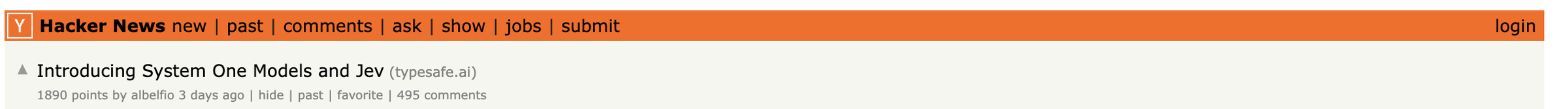 Top of the Hacker News thread. Below the title 'Introducing System One Models and Jev', it shows 1890 points and 495 comments.