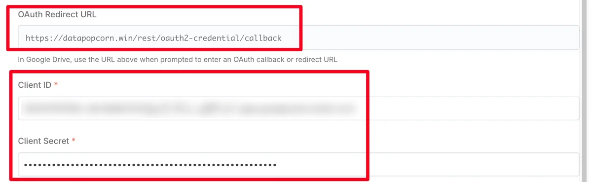 n8n credential settings screen. The OAuth Redirect URL field shows a domain followed by the path rest/oauth2-credential/callback, and below it are Client ID and Client Secret input fields