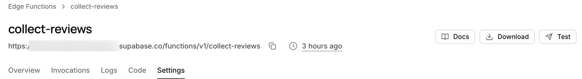 Top of the collect-reviews function detail screen. Below the function name is the endpoint address, with tabs Overview, Invocations, Logs, Code, and Settings, and on the right are Docs, Download, and Test buttons.