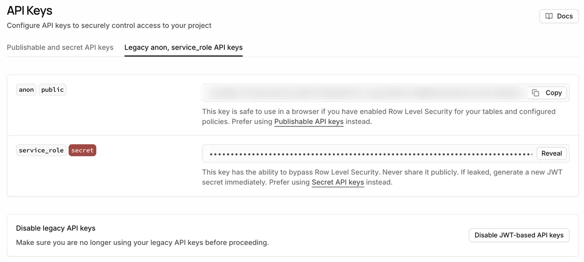 Legacy anon service_role tab of the Supabase API Keys screen. The anon public key carries a note that it's safe in the browser if RLS is enabled, and the service_role secret key carries a warning not to expose it because it bypasses RLS