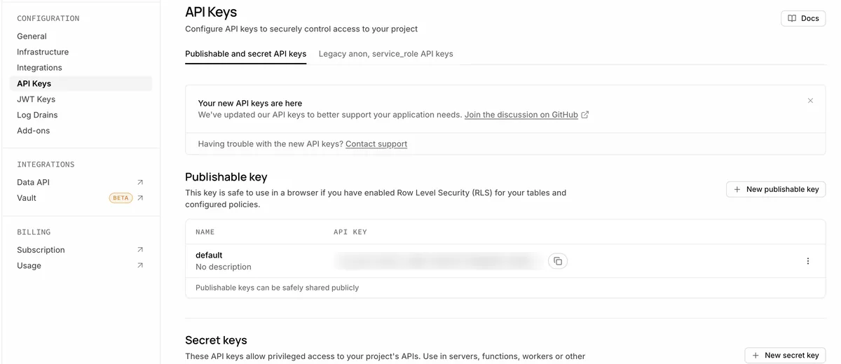Supabase settings screen. In the left menu under CONFIGURATION, after General, Infrastructure, and Integrations, the API Keys item is selected. On the right, a Publishable key section explains that the key is safe to use in a browser if you have enabled RLS and set policies