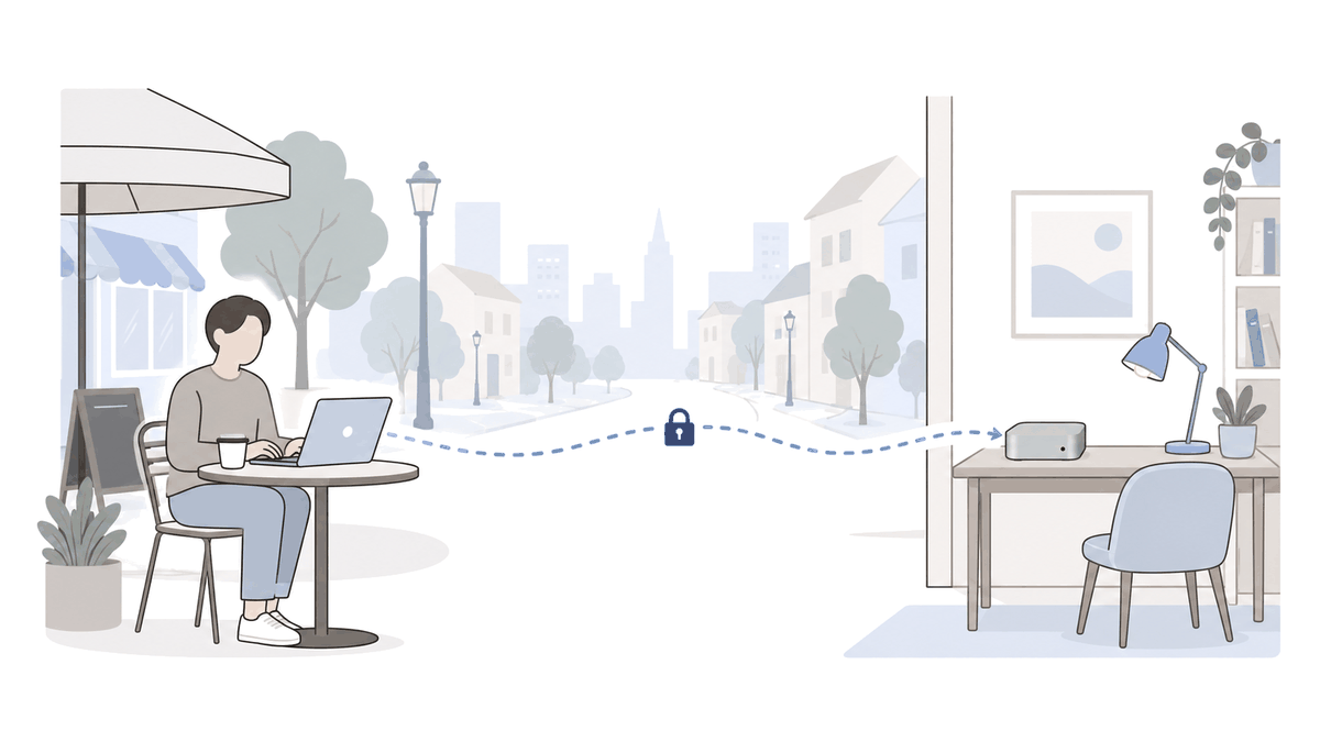Left: a person using a laptop at an outdoor café table. Right: a small box-shaped computer and a desk lamp on an empty desk at home. A dotted path runs from the laptop to the home computer, with a small padlock in the middle of the path. Distance and buildings are faintly visible between the two places