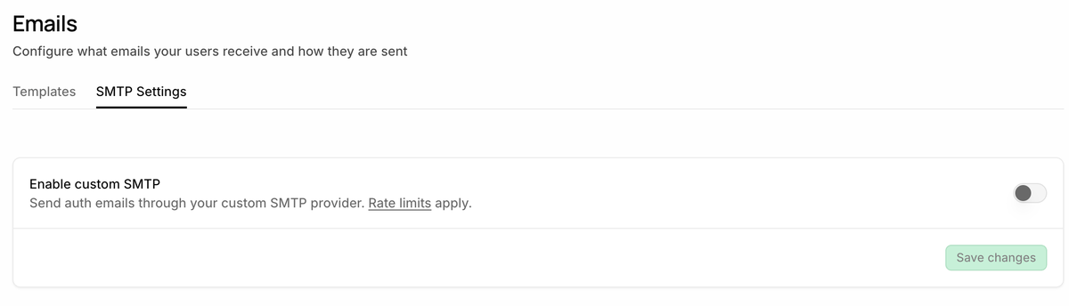 The SMTP Settings tab on the Emails screen in the Supabase dashboard. The custom SMTP toggle is off, with a note that auth emails are sent through a custom SMTP provider and a link to the sending limits guide.