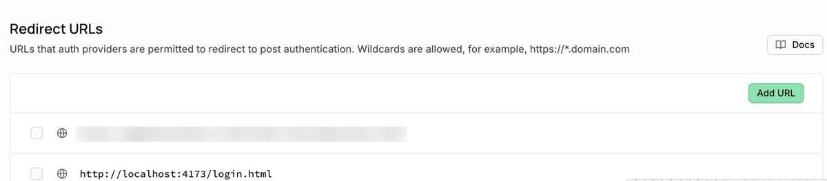 The redirect URL allow list screen in the Supabase dashboard. It says wildcards can be used, has an add URL button, and lists two registered addresses. The first address is hidden, and the second is a local development address.
