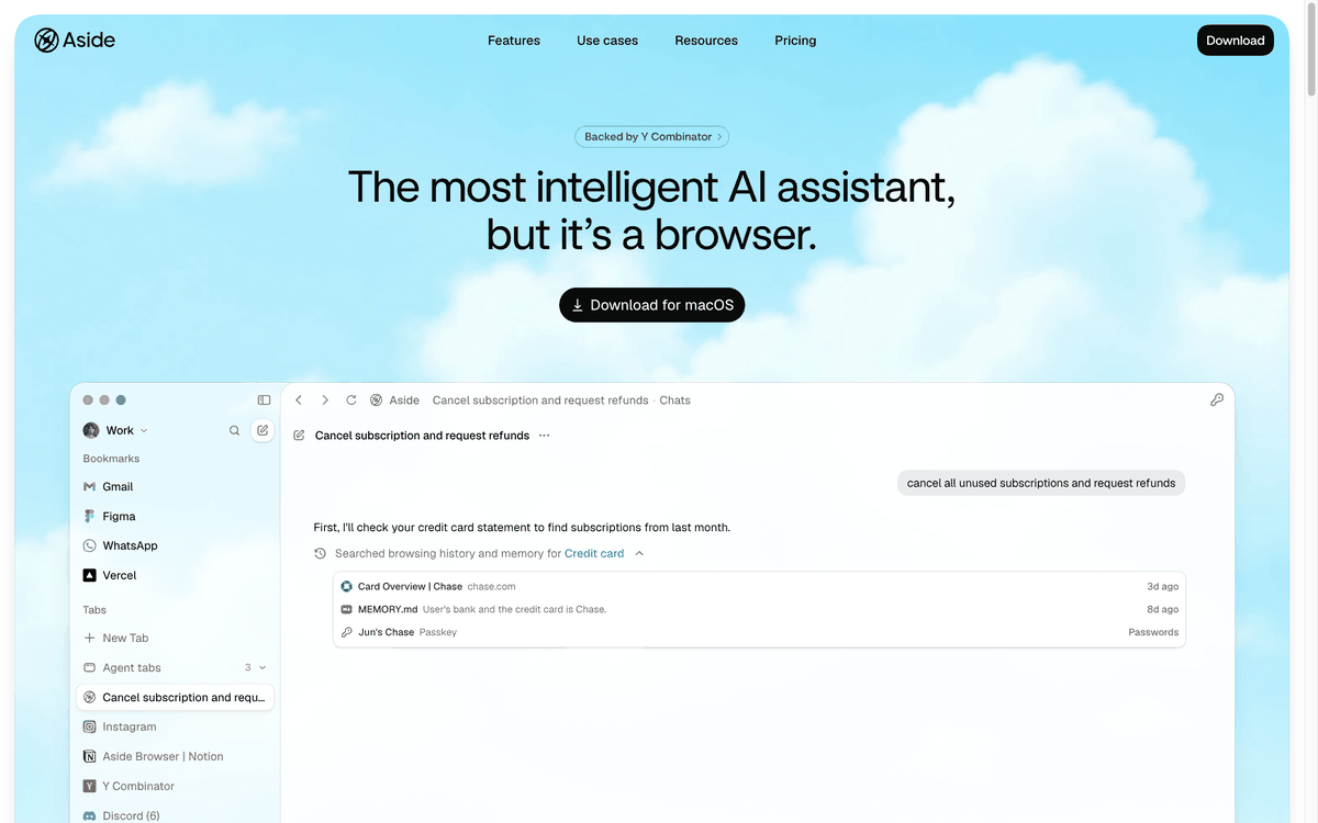Aside homepage screen. At the top are the headline The most intelligent AI assistant, but it's a browser and a macOS download button. Below, as an example of the actual app, a chat window is open where the user asks to cancel a subscription and request a refund.