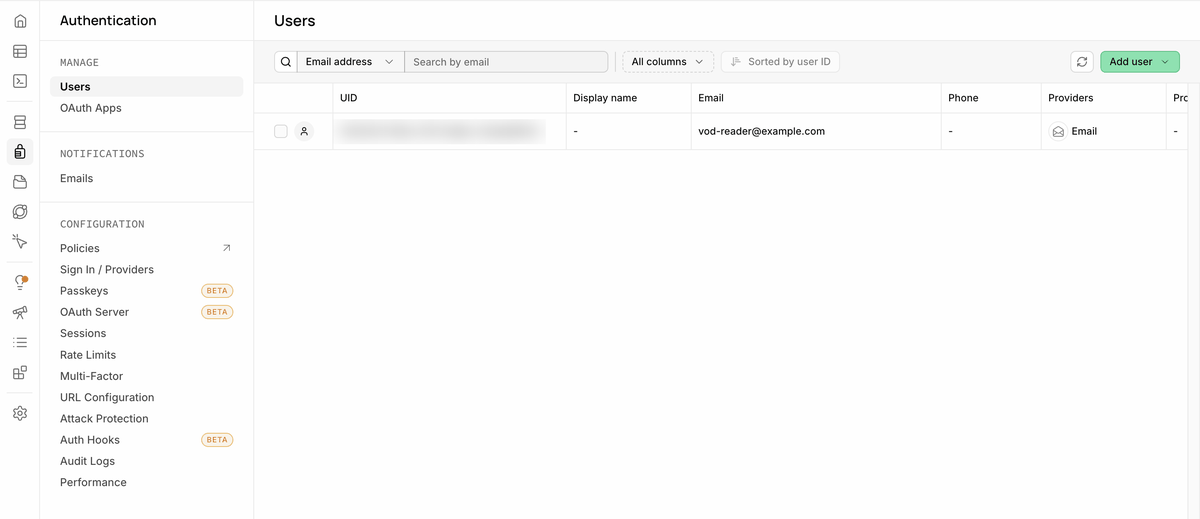Supabase Authentication Users screen. One user is registered, with the email vod-reader@example.com and Email as the provider. The UID is blurred out.