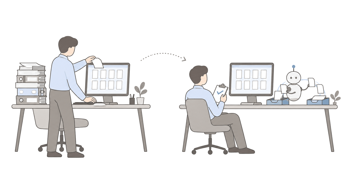 Illustration of two desk scenes side by side. On the left, an employee pulls sheets of paper one at a time from a stack and types them into a computer. On the right, a small robot moves documents from an inbox tray to an outbox tray beside a screen, while the employee holds a checklist with check marks and reviews the results.
