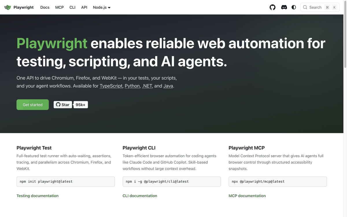 Headline screen of the Playwright official website. It shows the phrase 'trusted web automation for testing, scripts, and AI agents,' a description of controlling Chrome, Firefox, and Safari through one API, and a GitHub star count of more than 95,000 stars