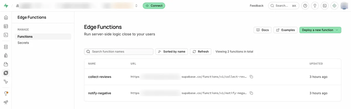 Supabase Edge Functions list screen. The collect-reviews and notify-negative functions are shown as updated 3 hours ago