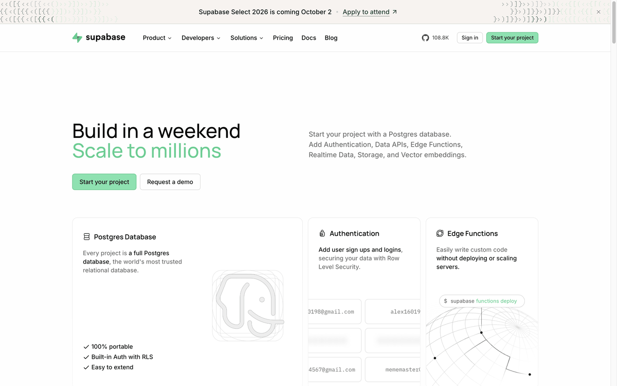Supabase homepage. Under the line Build in a weekend, Scale to millions, three cards sit side by side: Postgres Database, Authentication, and Edge Functions