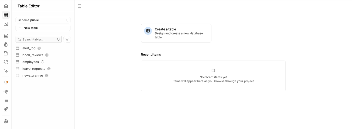 Supabase Table Editor home screen. On the left is a list of five tables (alert_log, book_reviews, employees, leave_requests, news_archive) with a New table button, and in the center is a Create a table card